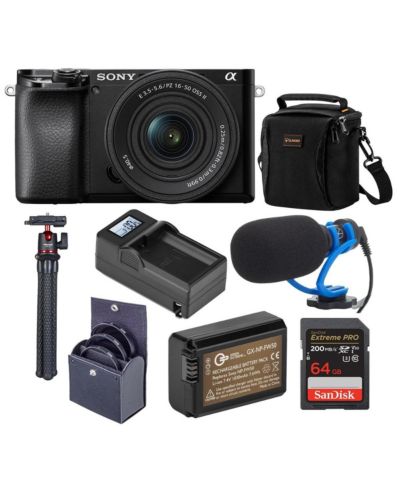 Комплект Sony A6100: объектив 16-50mm, микрофон, штатив, сумка, SD 64GB, фильтры, дополнительный аккумулятор