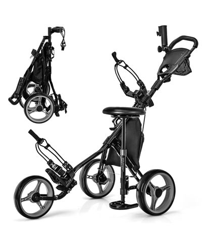 Mecale 3-Wheel Folding Golf Push Cart with Seat, Scoreboard, Adjustable Handle
