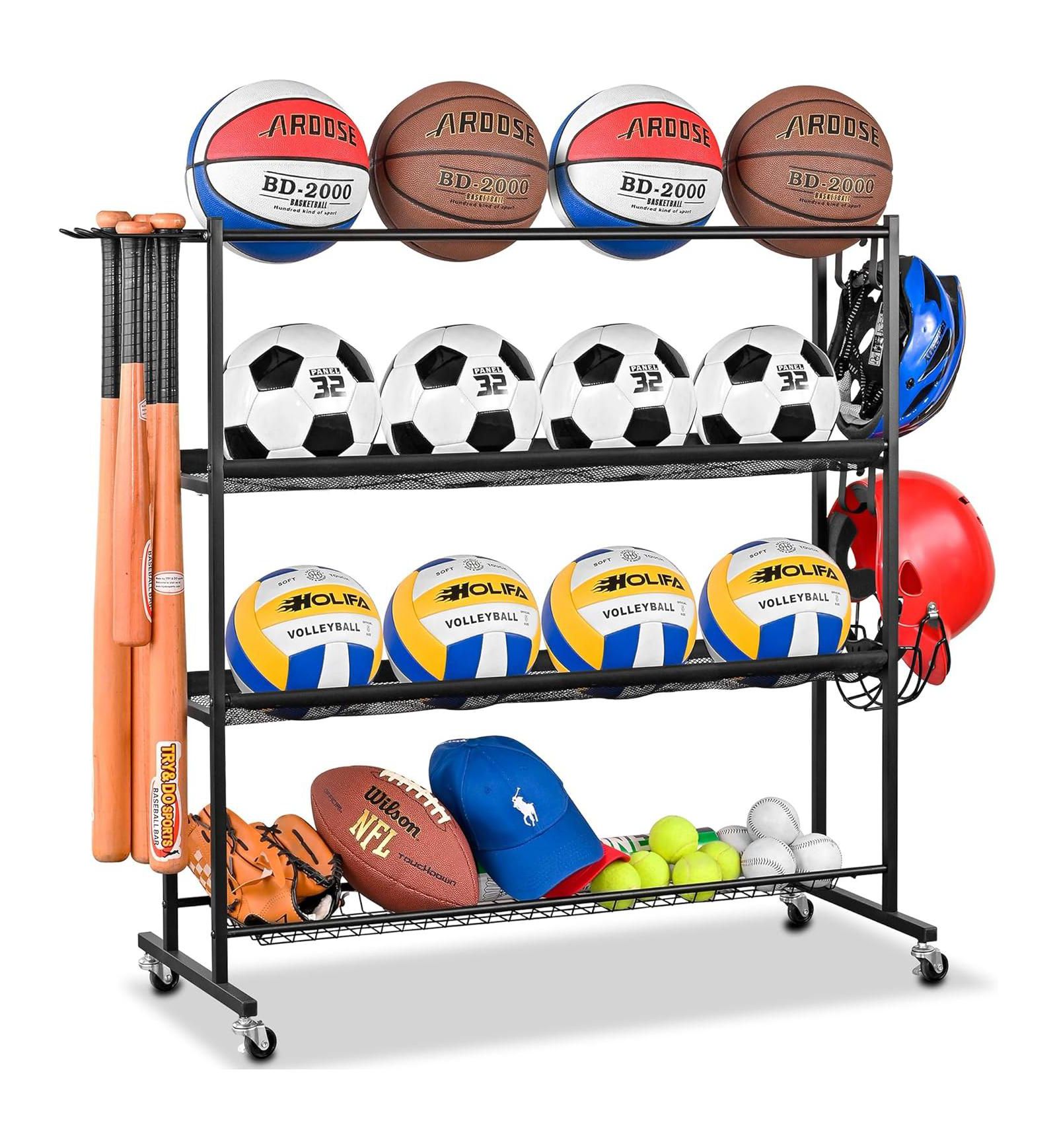 Mythinglogic Basketball Rack, Ball Storage with Baseball Bat Holder, Rolling Ball rack with Removable Nylon Mesh for Various Ball Sizes
