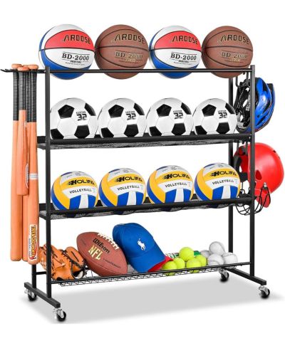 Mythinglogic Basketball Rack, Ball Storage with Baseball Bat Holder, Rolling Ball rack with Removable Nylon Mesh for Various Ball Sizes