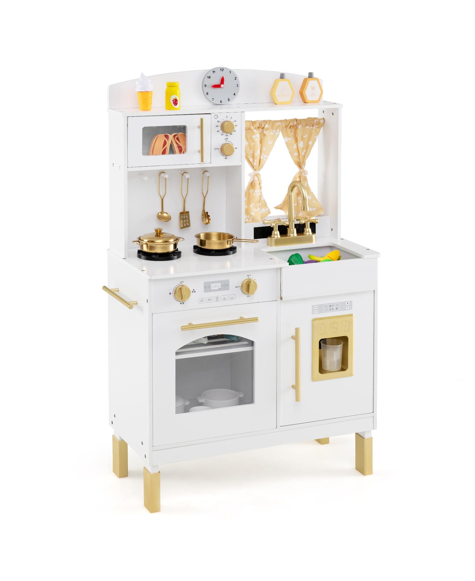 Mecale Play Kitchen for Kids, Wooden Chef Pretend Playset с 3 Adjustable Heights & Microwave