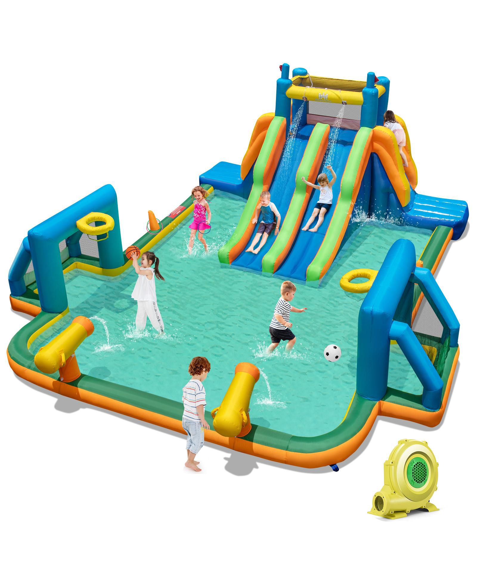 Mecale Kids Inflatable Water Slide with 2 Long Slides & 2 Soccer Goals, 950W Blower Included