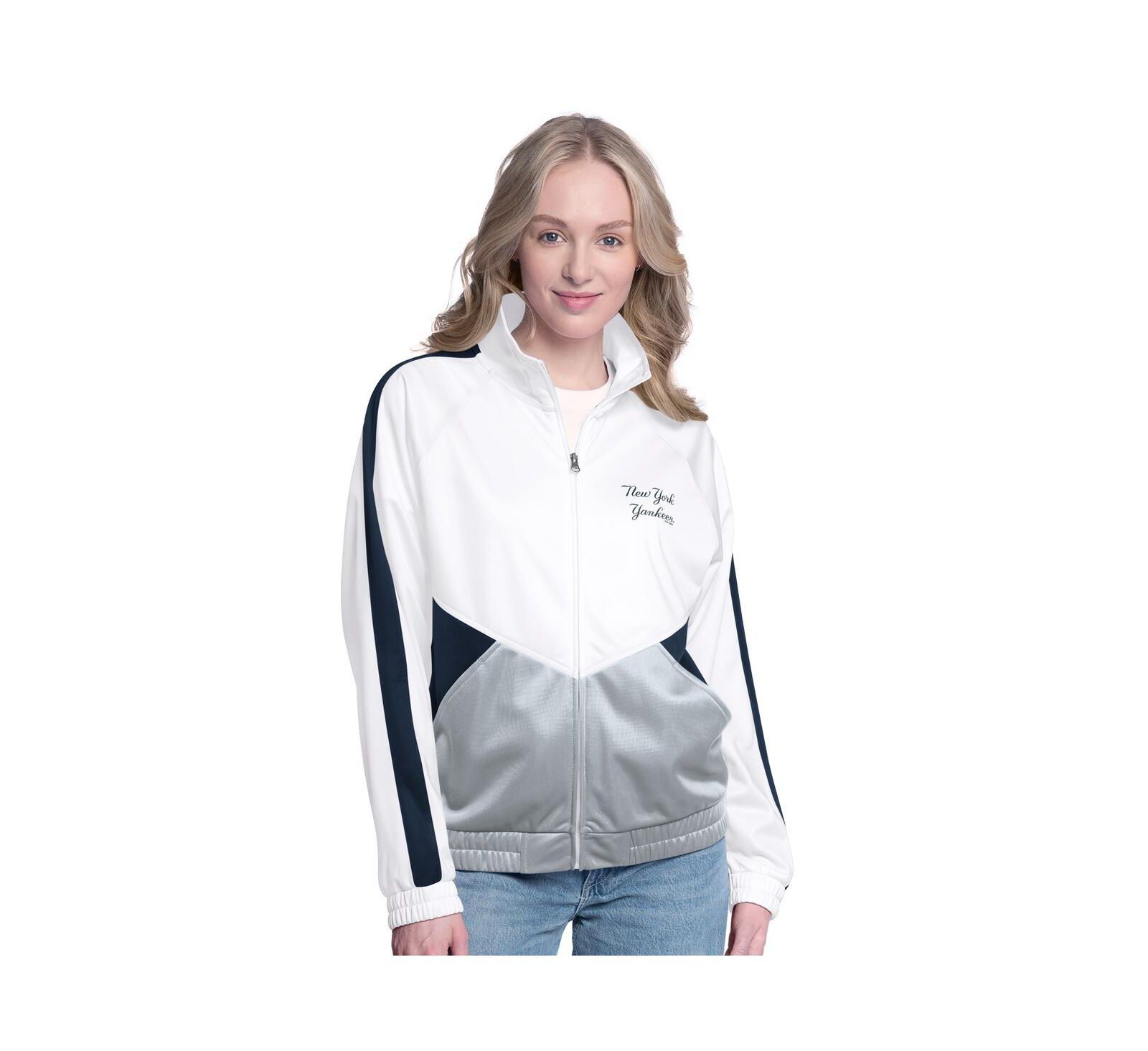 G-III Sports by Carl Banks Women's White/Navy New York Yankees Rally Rhinestone Raglan Full-Zip Track Jacket