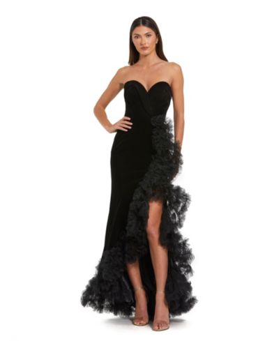 Женское вечернее платье Mac Duggal Strapless Velvet Mermaid Gown with Ruffle Slit