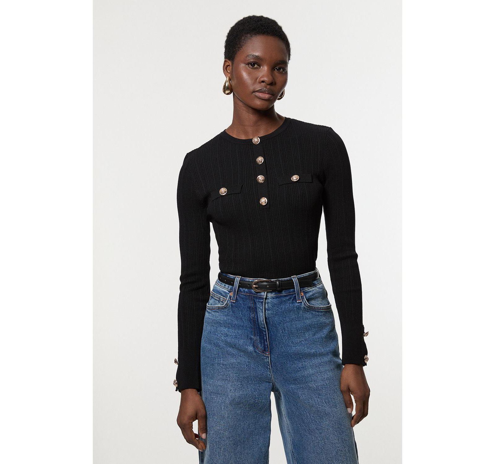 Karen Millen Women's Military Trim Rib Long Sleeve Knit Top