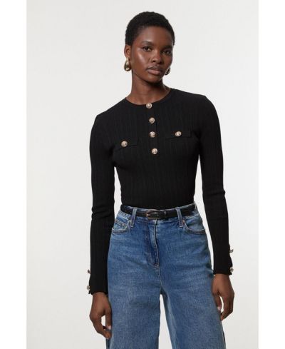 Karen Millen Women's Military Trim Rib Long Sleeve Knit Top