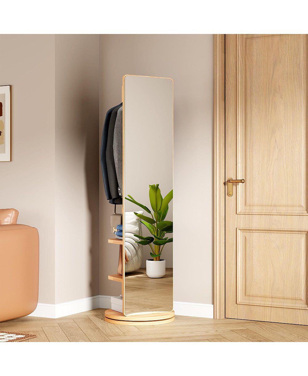 RAINSKEN 360° Rotating Full Length Mirror, Solid Wood Freestanding Coat Rack with Storage Hanger, Open Shelves for Living Room and Cloakroom