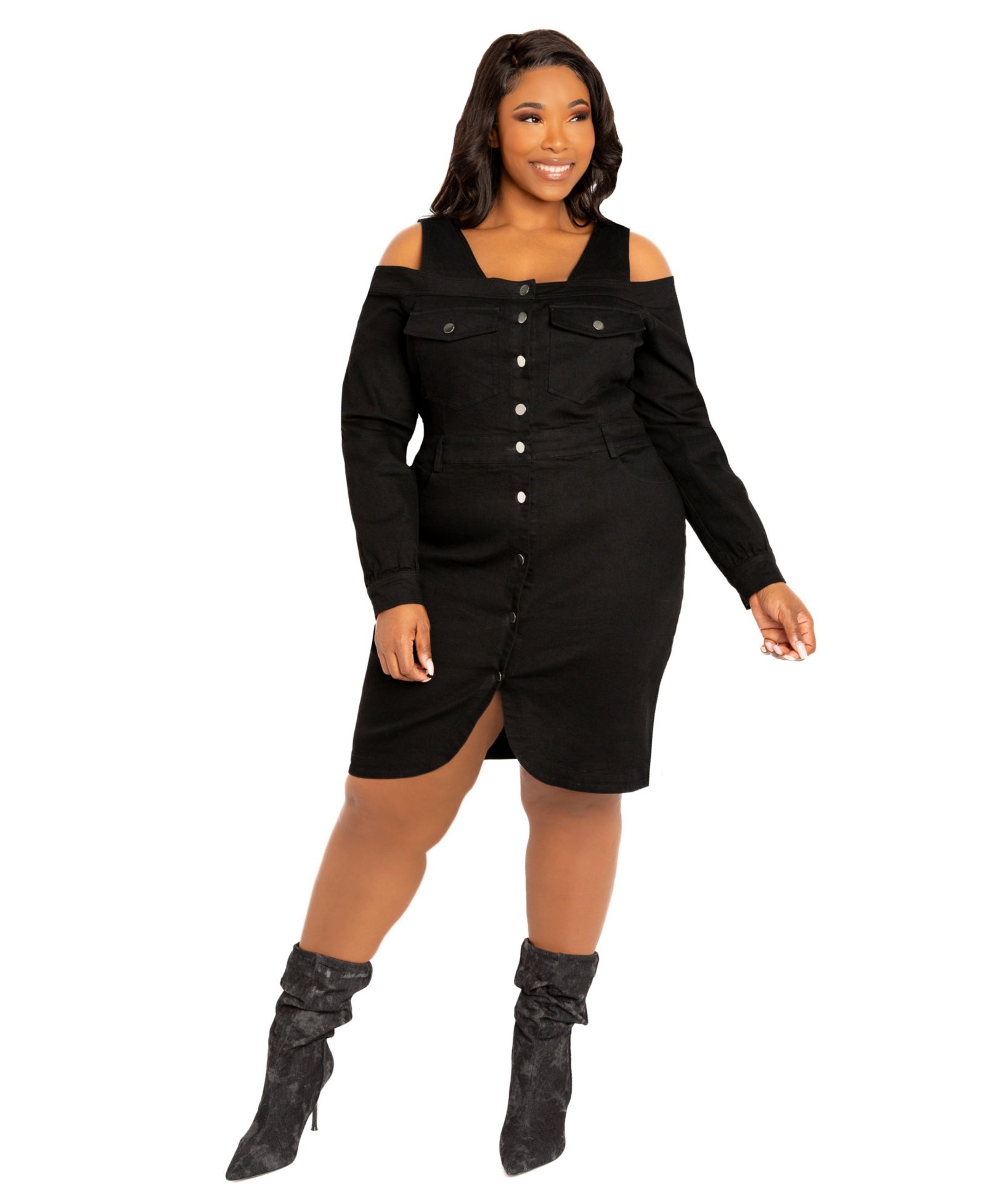 Buxom Couture Plus Size мини-платье из денима с открытыми плечами