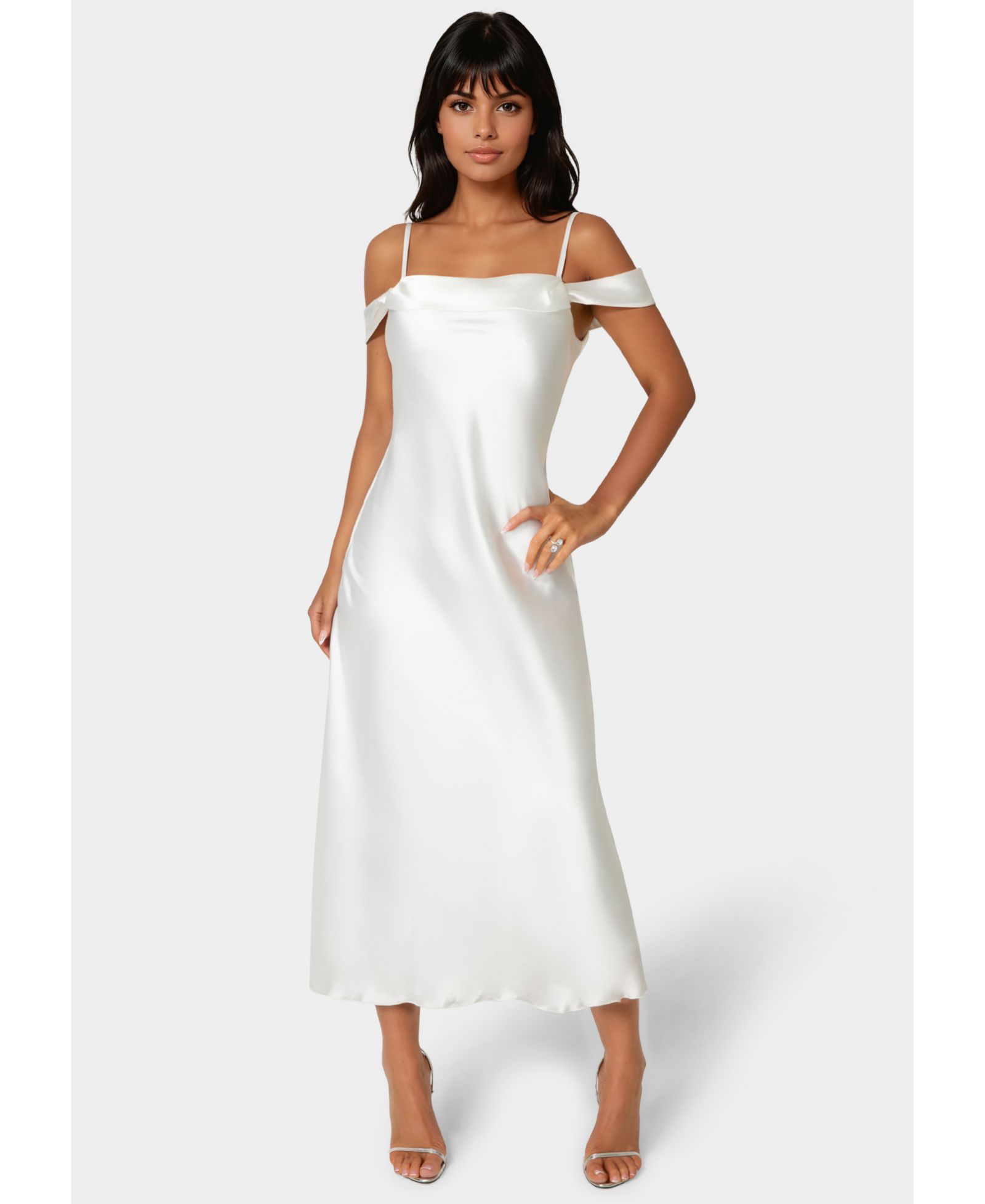 Bebe Women's Drape Shoulder High Slit Satin Maxi Dress