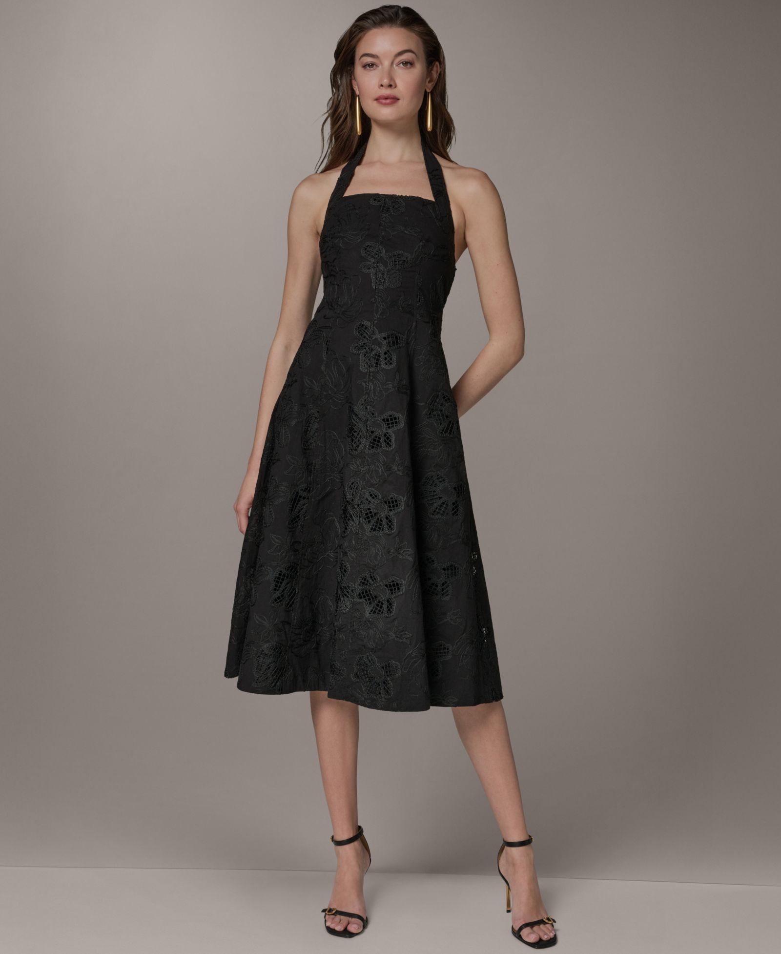 Donna Karan New York Женское платье Halter Fit & Flare Sleeveless Embroidered Midi