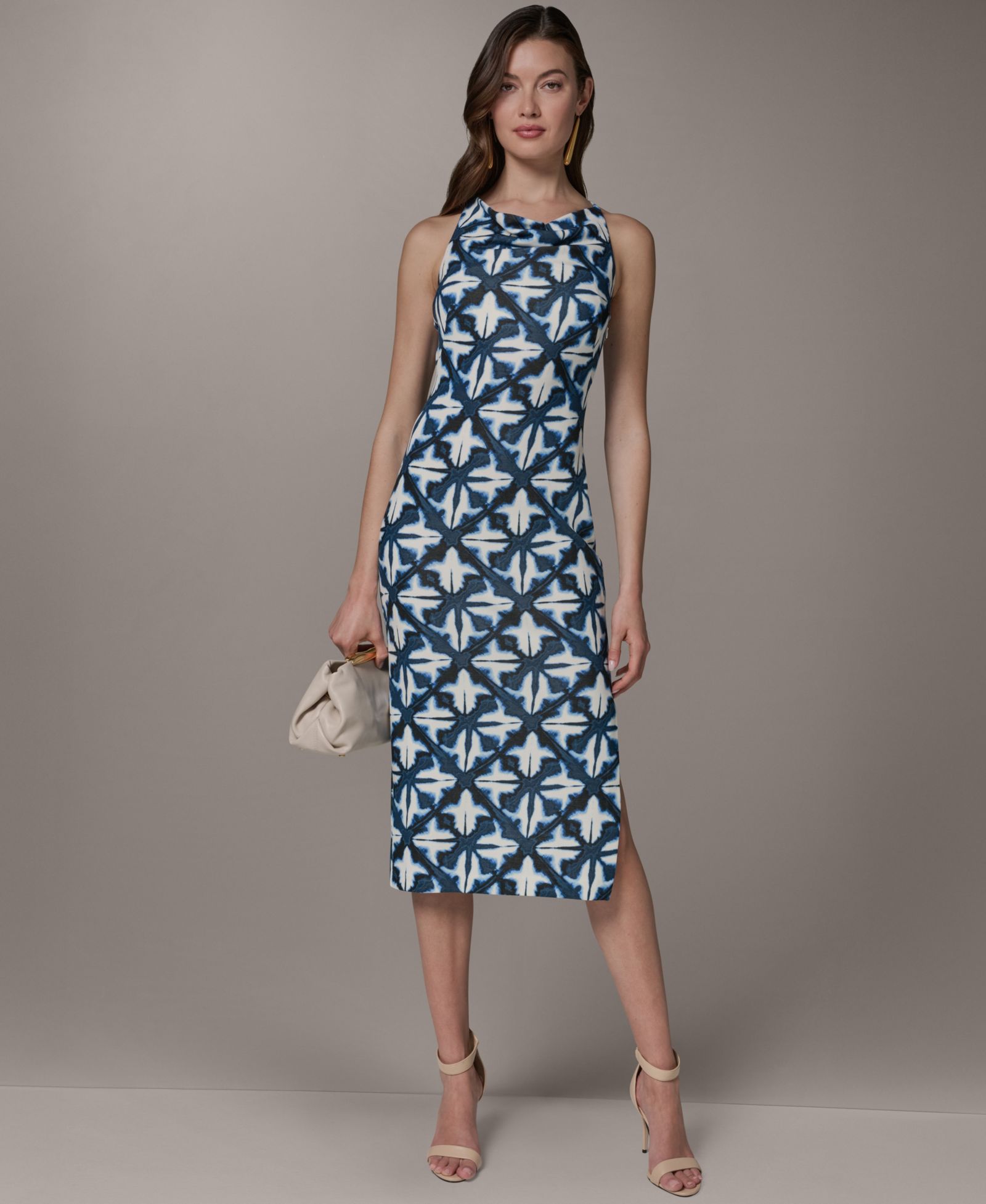 Donna Karan New York Women's Cowl Neck Sheath Sleeveless Printed Midi Dress