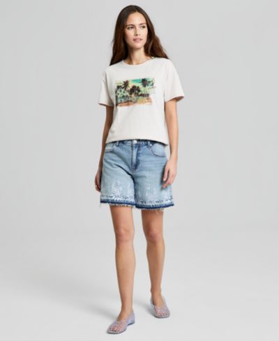 And Now This Women's High Rise Embroidered Denim Shorts, Macy's Exclusive
