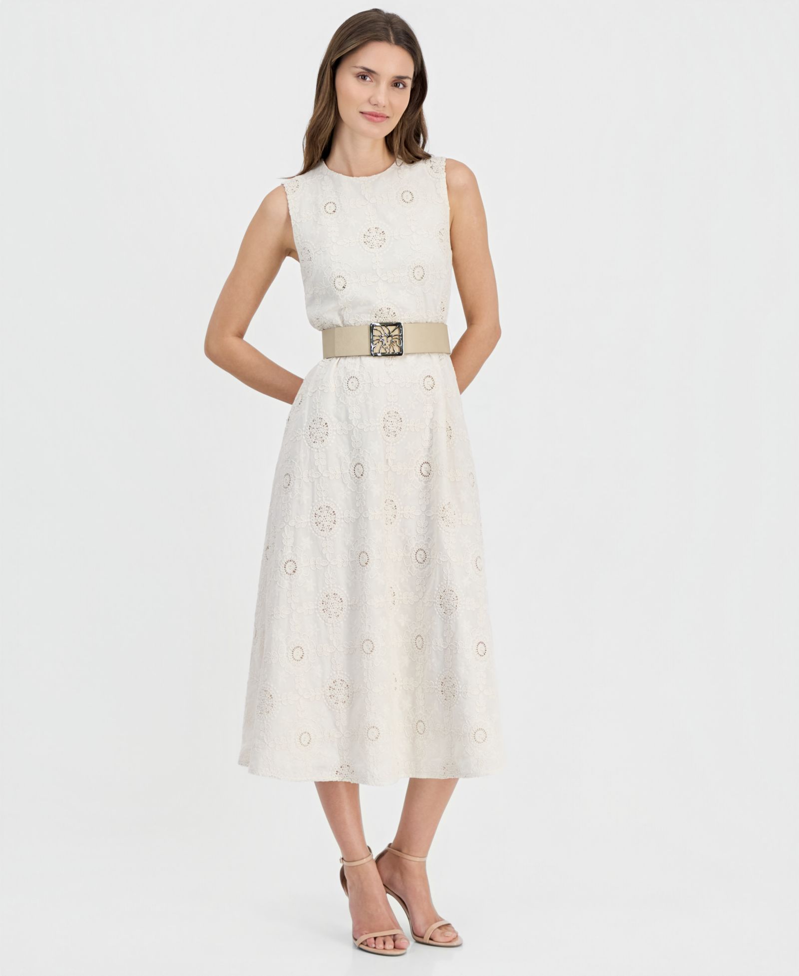 Anne Klein Женское хлопковое платье с вышивкой и поясом с круглым вырезом