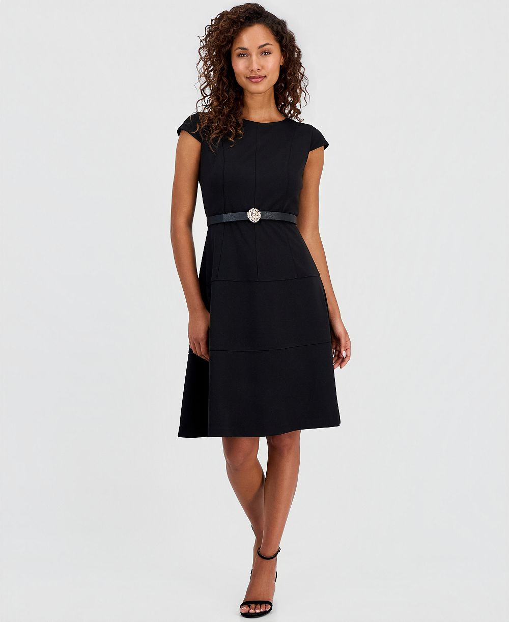 Женское платье Anne Klein Women's Cap-Sleeve Belted Scuba Crepe