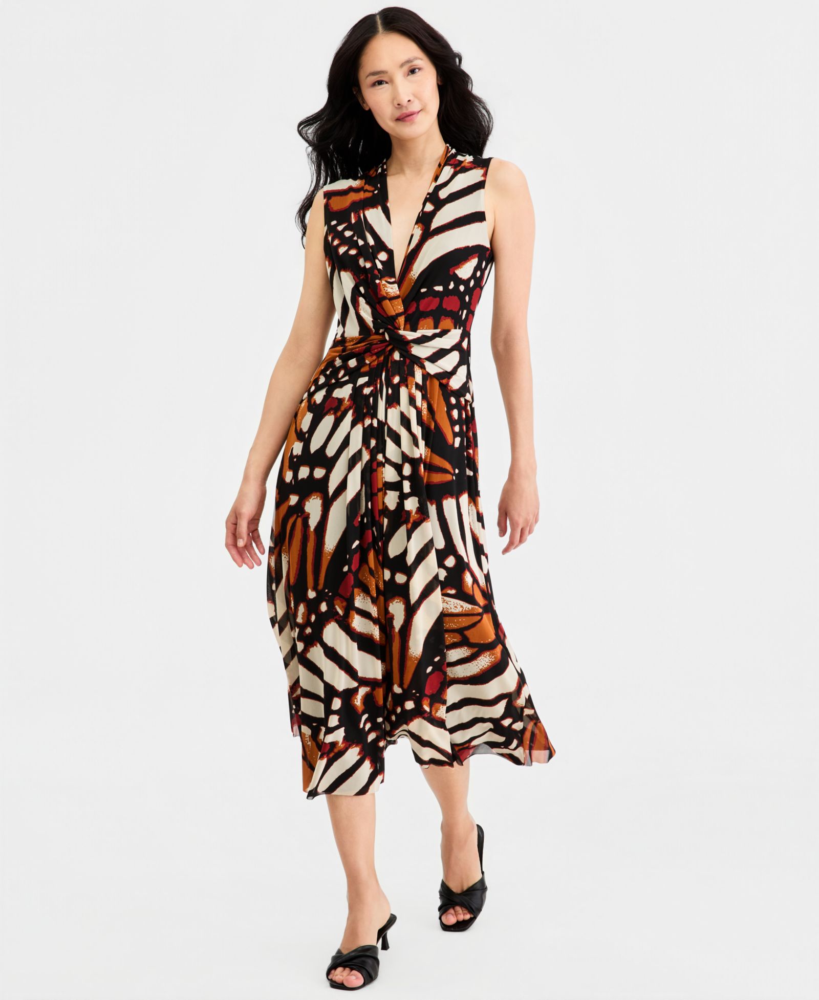 Anne Klein Women's Twist Front Sleeveless Midi Printed Mesh Dress