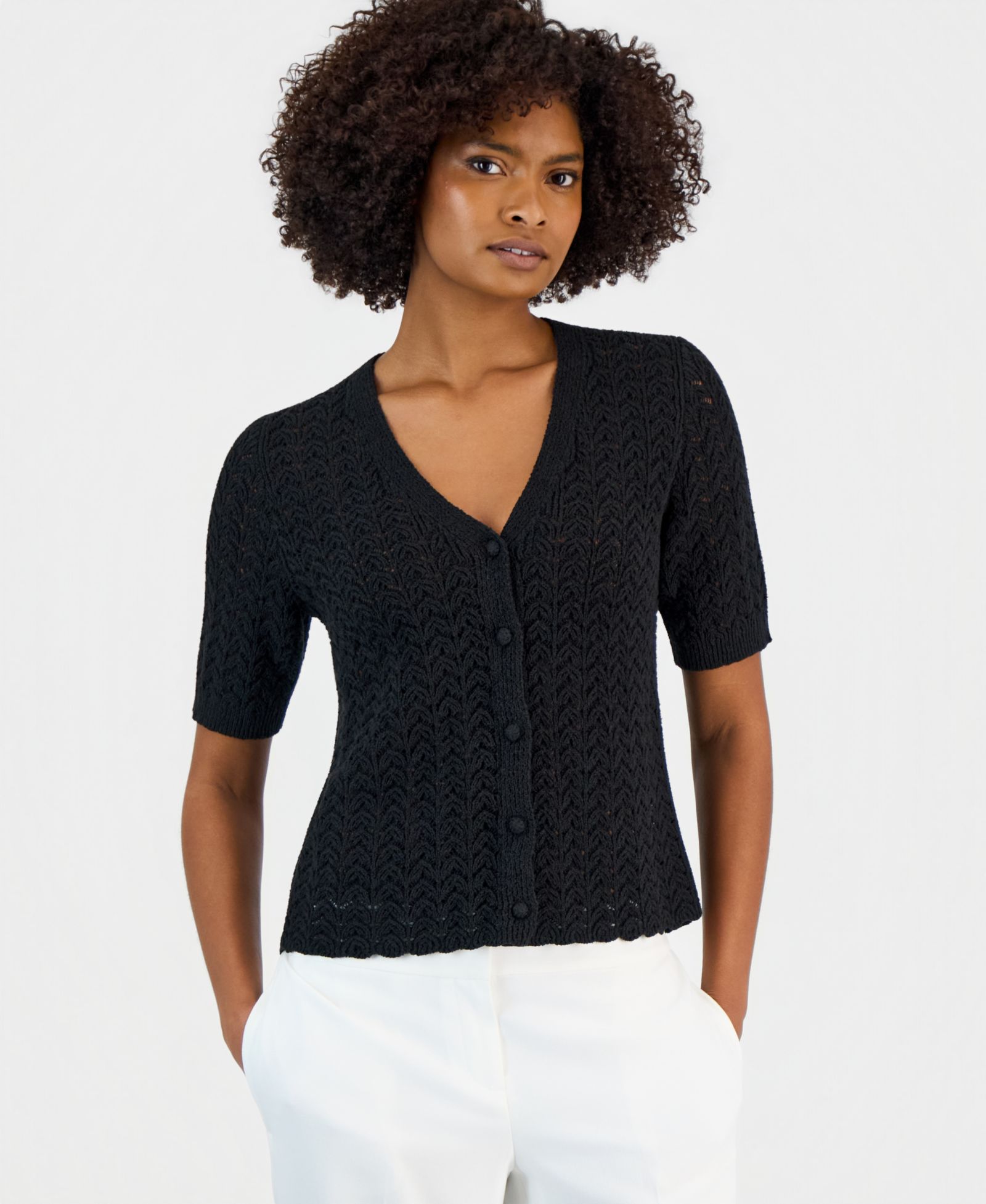 Kasper Women's Textured Stitch Short-Sleeve Cardigan Sweater