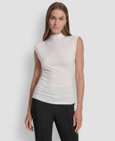 DKNY Petite Трикотажный топ без рукавов с воротником-стойкой и бочными сборками