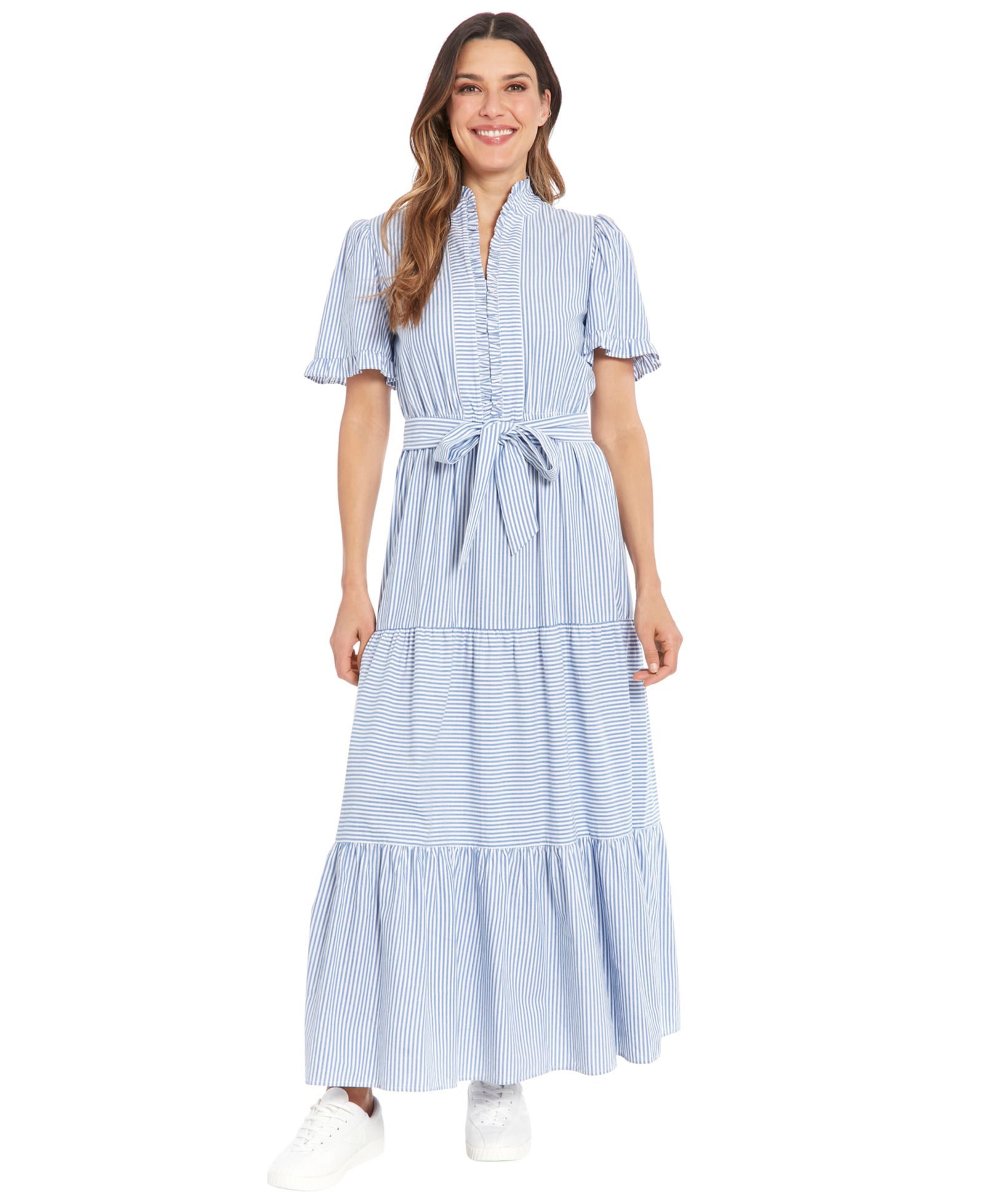 London Times Petite Fit & Flare Slit Neck Tiered Maxi Dress