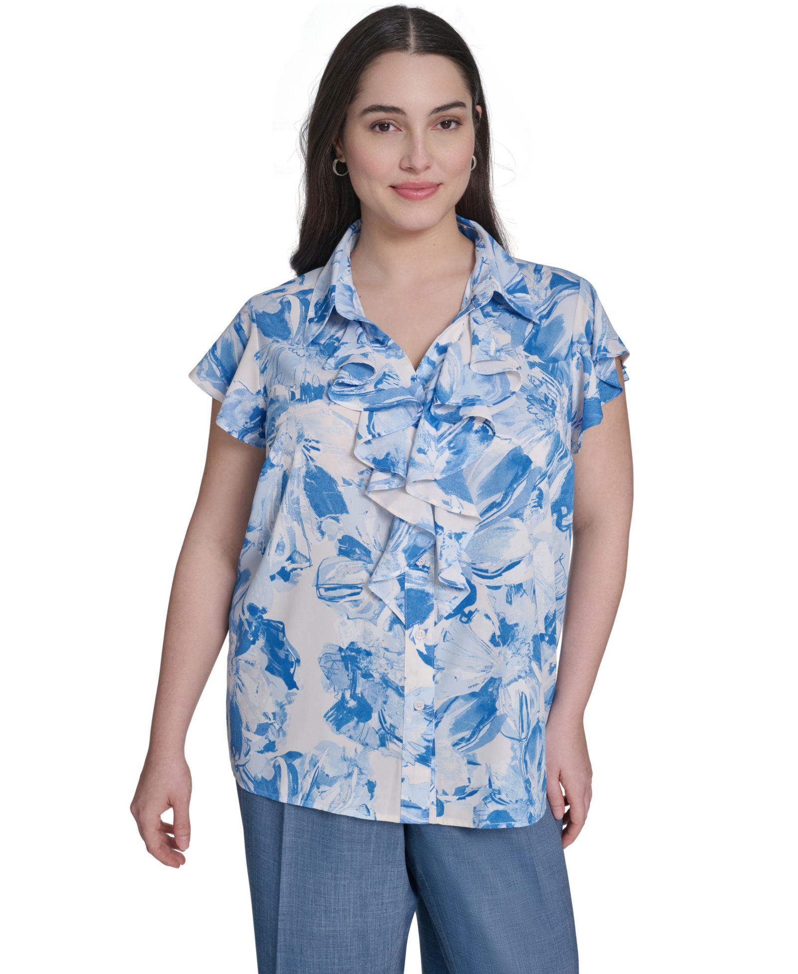Топ Calvin Klein Plus Size Cap-Sleeve Ruffle-Front Collared