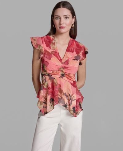 Женский принтный топ BCBG Women's Ruched Flutter-Sleeve