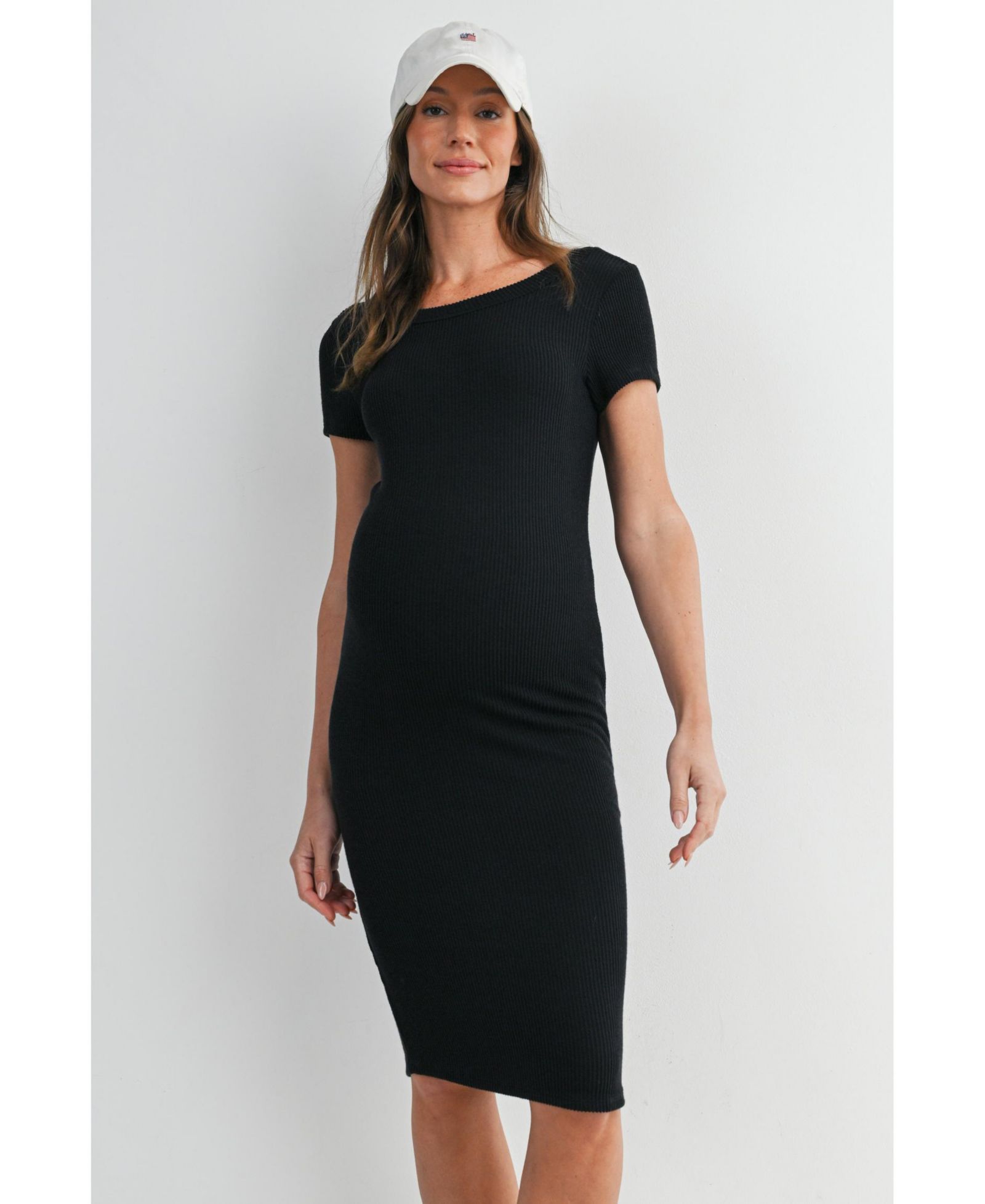 Hello Miz Women's Bodycon Ribbed Knit Short Sleeve Midi Dress