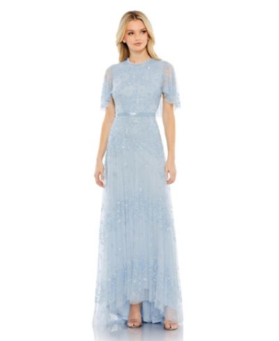 Mac Duggal Women's Sequined High Neck Flutter Sleeve A Line Gown