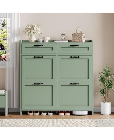 gaomon Shoe Cabinet with 4 Flip Drawers and 2 Top Drawers, High-Gloss Painted Wood Shoe Organizer with Adjustable Shelves, Freestanding Hidden Storage