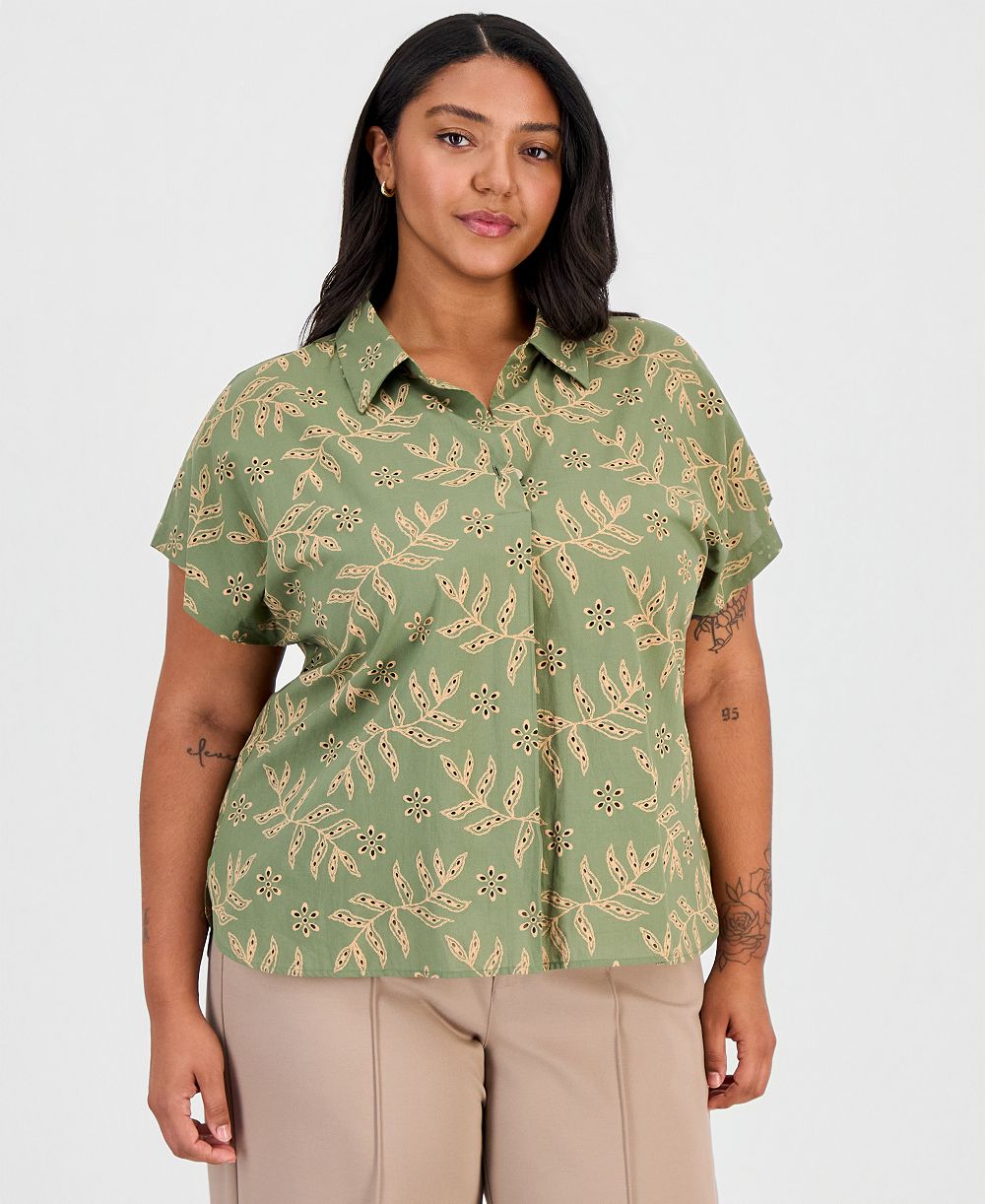 Tahari ASL Plus Size Embroidered-Look Short-Sleeve Camp Shirt