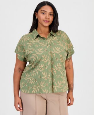 Tahari ASL Plus Size Embroidered-Look Short-Sleeve Camp Shirt