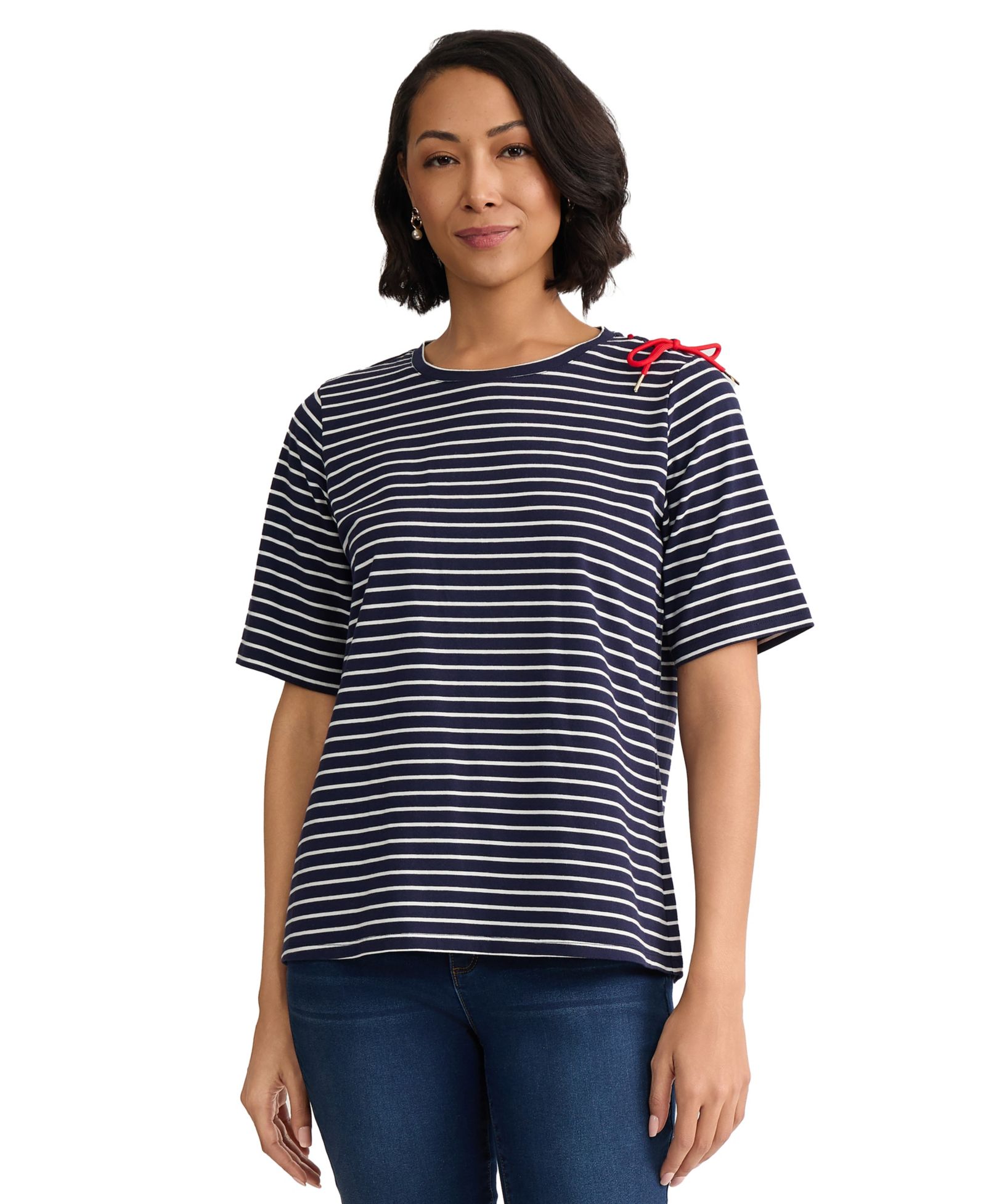 Jones New York Women's Short Sleeve Striped Shoulder Tie Detail Top