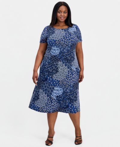 Connected Plus Size Printed Round-Neck A-Line Dress