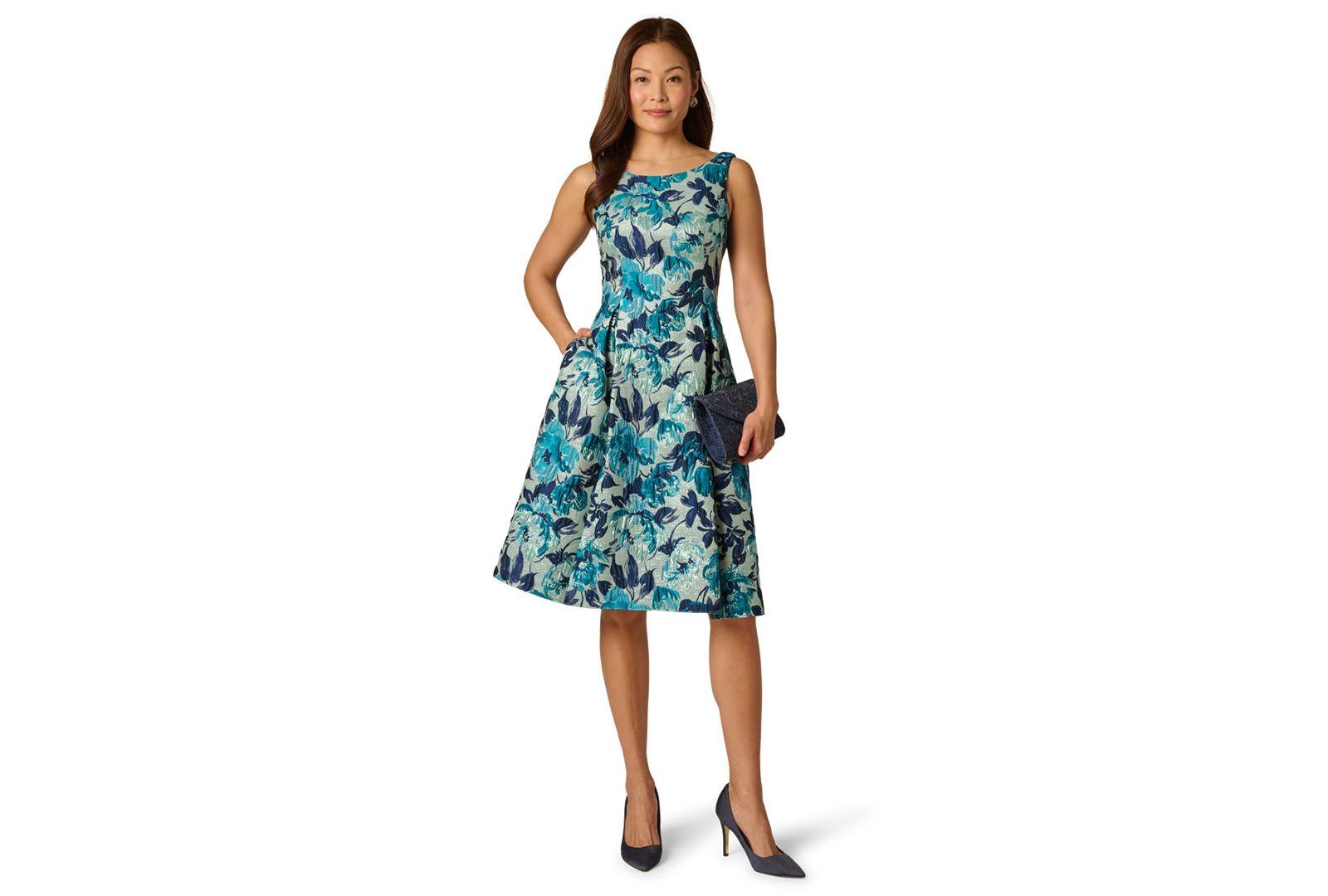 Женское платье Adrianna Papell Printed Metallic Boat Neck Dress