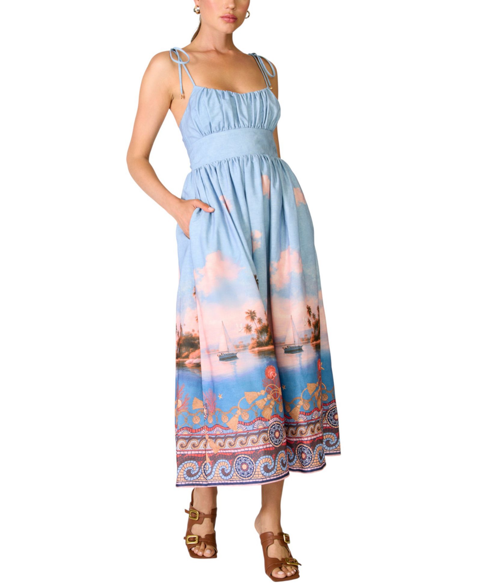 Женское платье Line & Dot Pernille Square Neck Sleeveless Printed Midi Dress