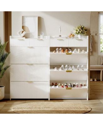 gaomon Modern Natural Shoe Cabinet with 3 Flip Drawers and 2 Small Drawers and Hook Slim Fluted Shoe Storage Organizer Narrow Entryway Cabinet