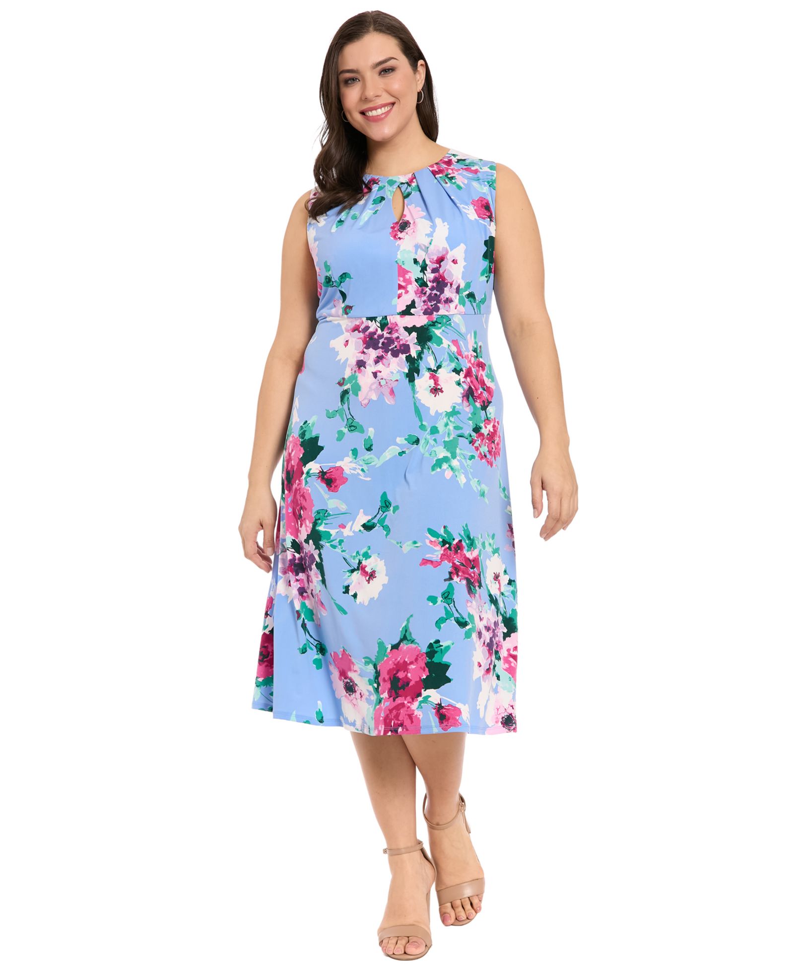 Женское миди-платье London Times Plus Size Sleeveless Keyhole Neck A-Line
