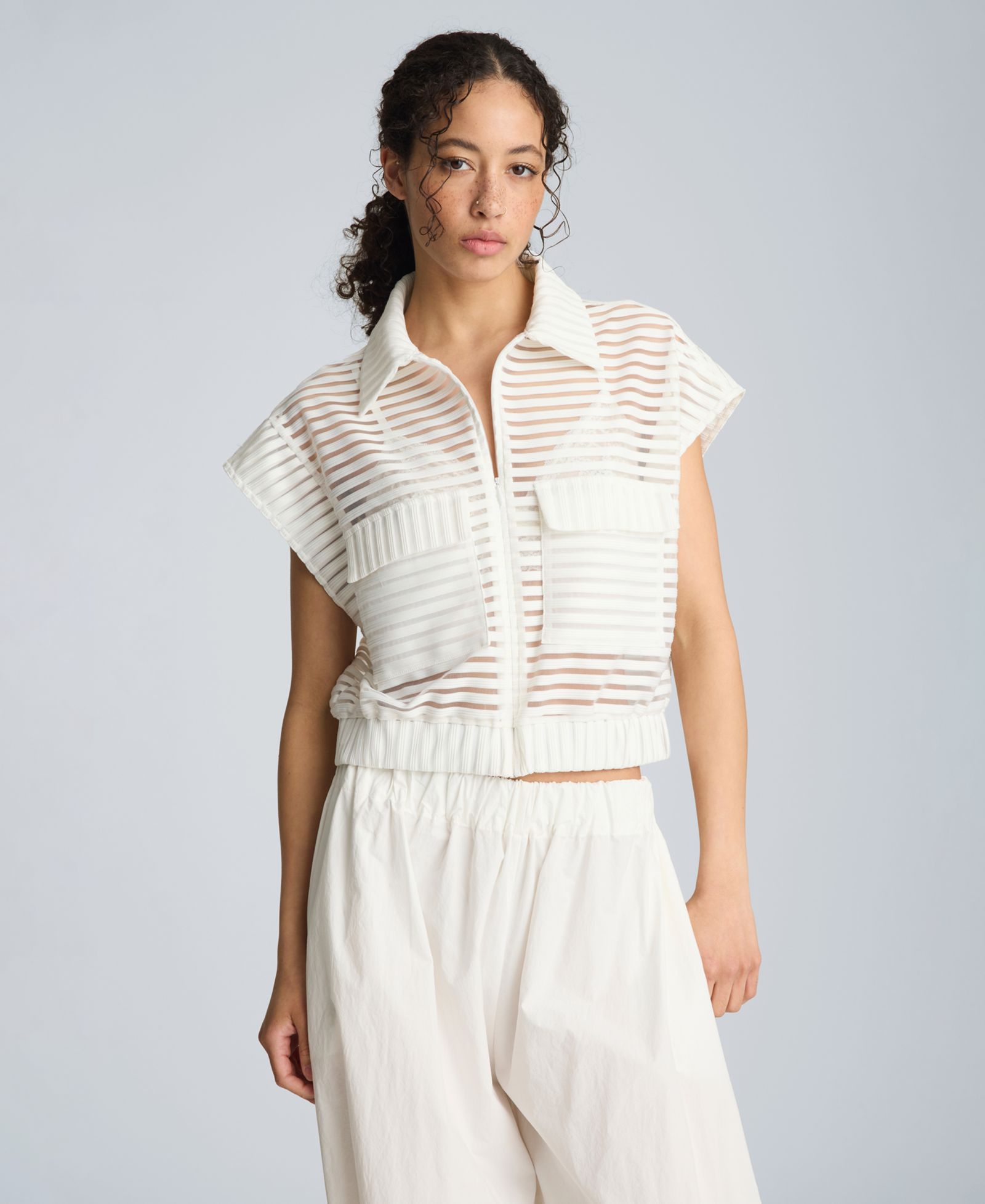 Kenneth Cole Women's Rib Mesh Sleeveless Cardigan with Chest Pockets