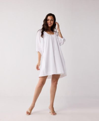 Reistor Women's Puff Sleeved Dress with Drawstring Neckline