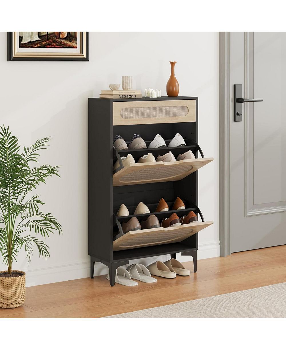 gaomon Shoe Cabinet Rattan Shoe Storage With 2 Flip Drawer and 1 Pull-Out Drawer Heavy Duty Metal Leg Adjustment Shelf Entryway Shoe Organizers