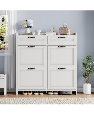 gaomon Shoe Cabinet with 4 Flip Drawers and 2 Top Drawers High-Gloss Painted Wood Shoe Organizer with Adjustable Shelves Freestanding Shoes.