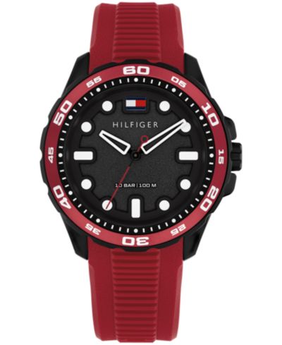 Tommy Hilfiger Мужские кварцевые часы с красным силиконовым ремешком, 40mm