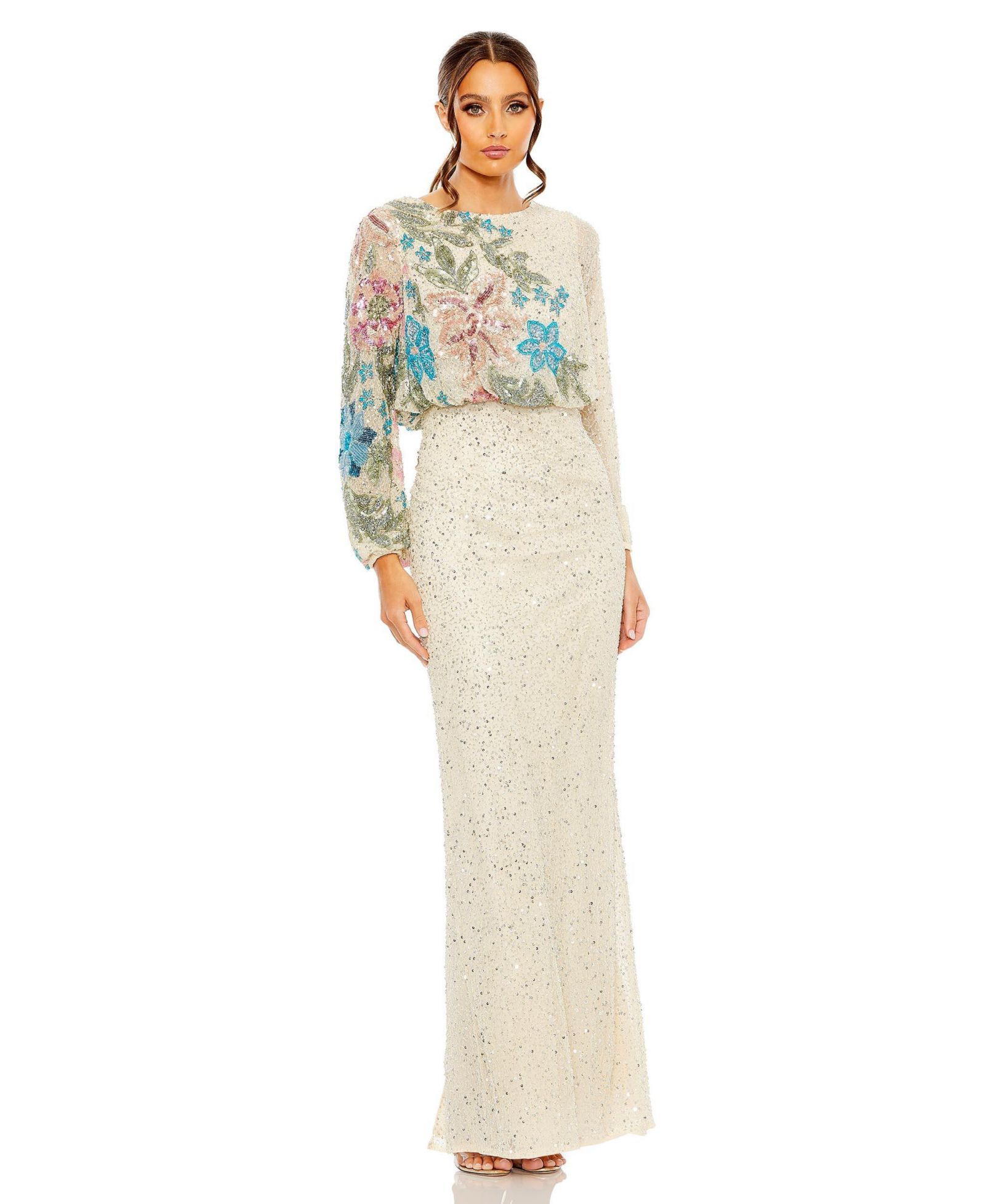 Женское вечернее платье Mac Duggal High Neck Blouson Sleeve Sequin