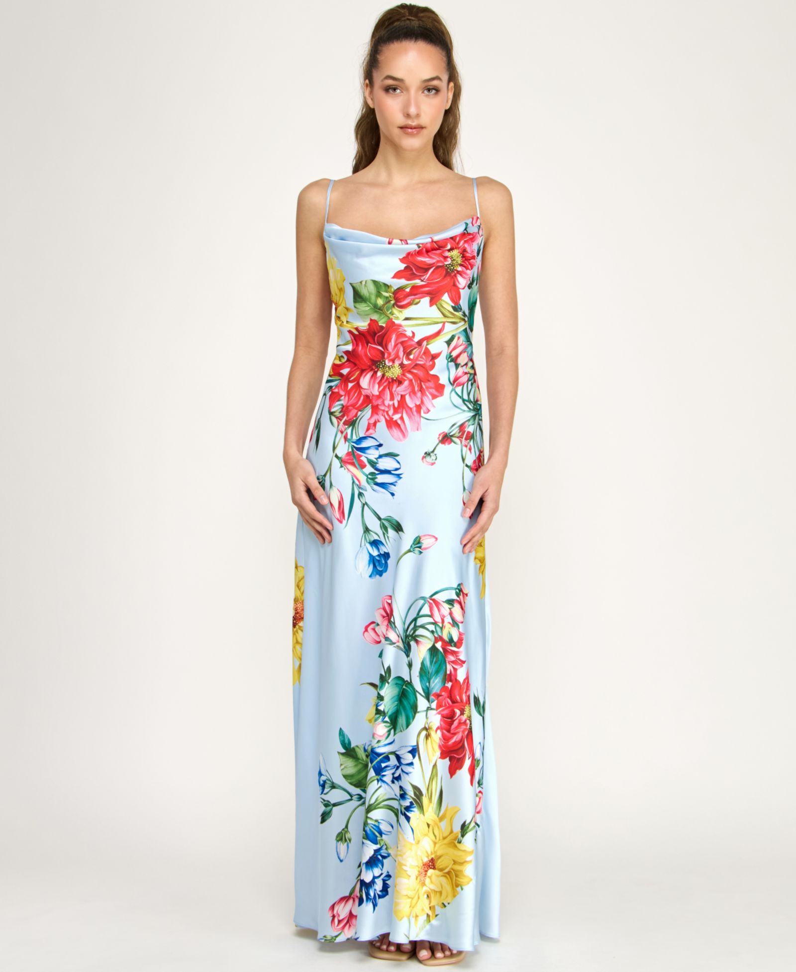 Женское вечернее платье B Darlin Juniors' Cowl Neck Printed Spaghetti Straps Satin Gown