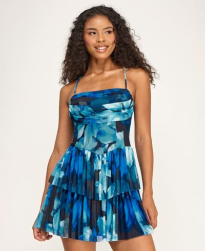 Детское мини-платье City Studios Juniors' Printed Mesh Straight Neck Tiered