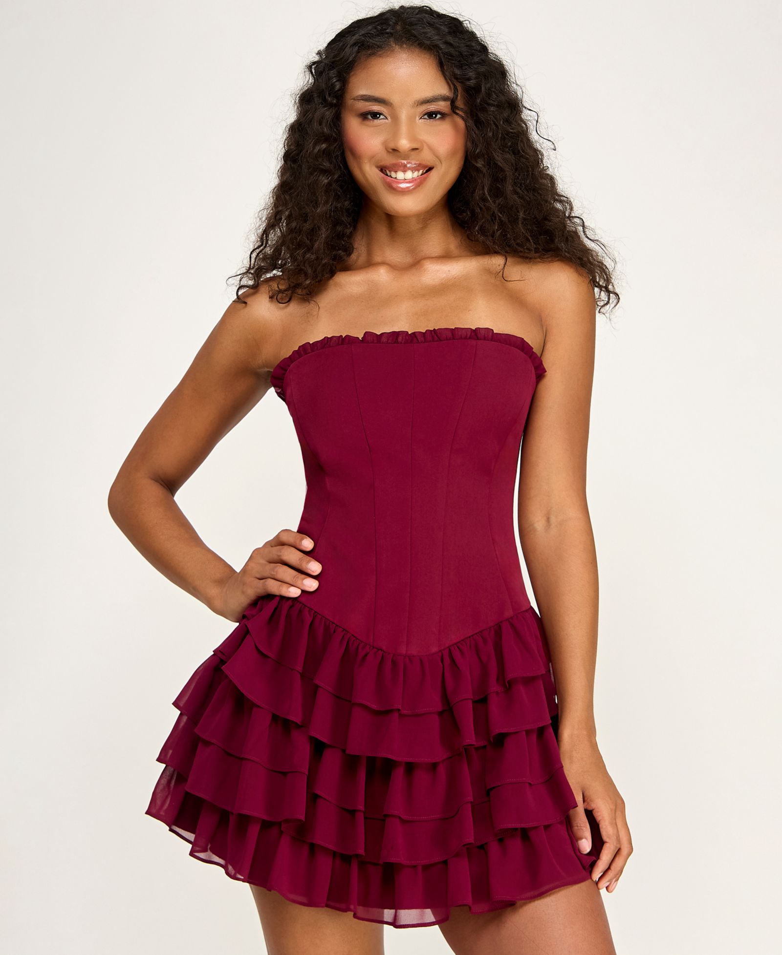 SENI & CADE Juniors' Strapless Tiered Ruffle Mini Dress