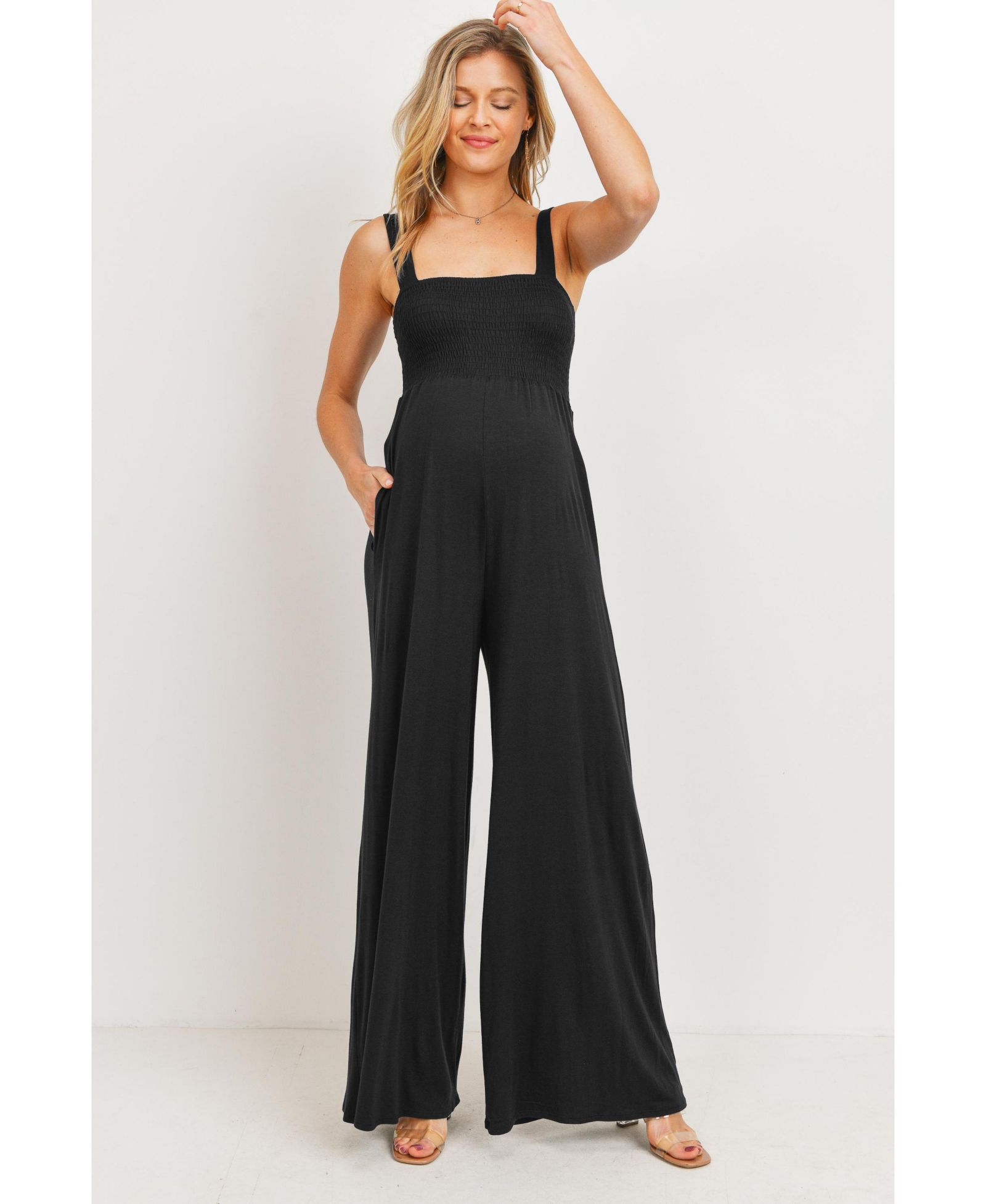 Hello Miz Maternity Sleeveless Smocked Bodice Wide-Leg Jumpsuit with Pockets