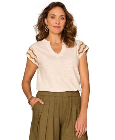 Трикотажный топ Democracy Petite Crochet Cap-Sleeve Notched Neck Knit Top