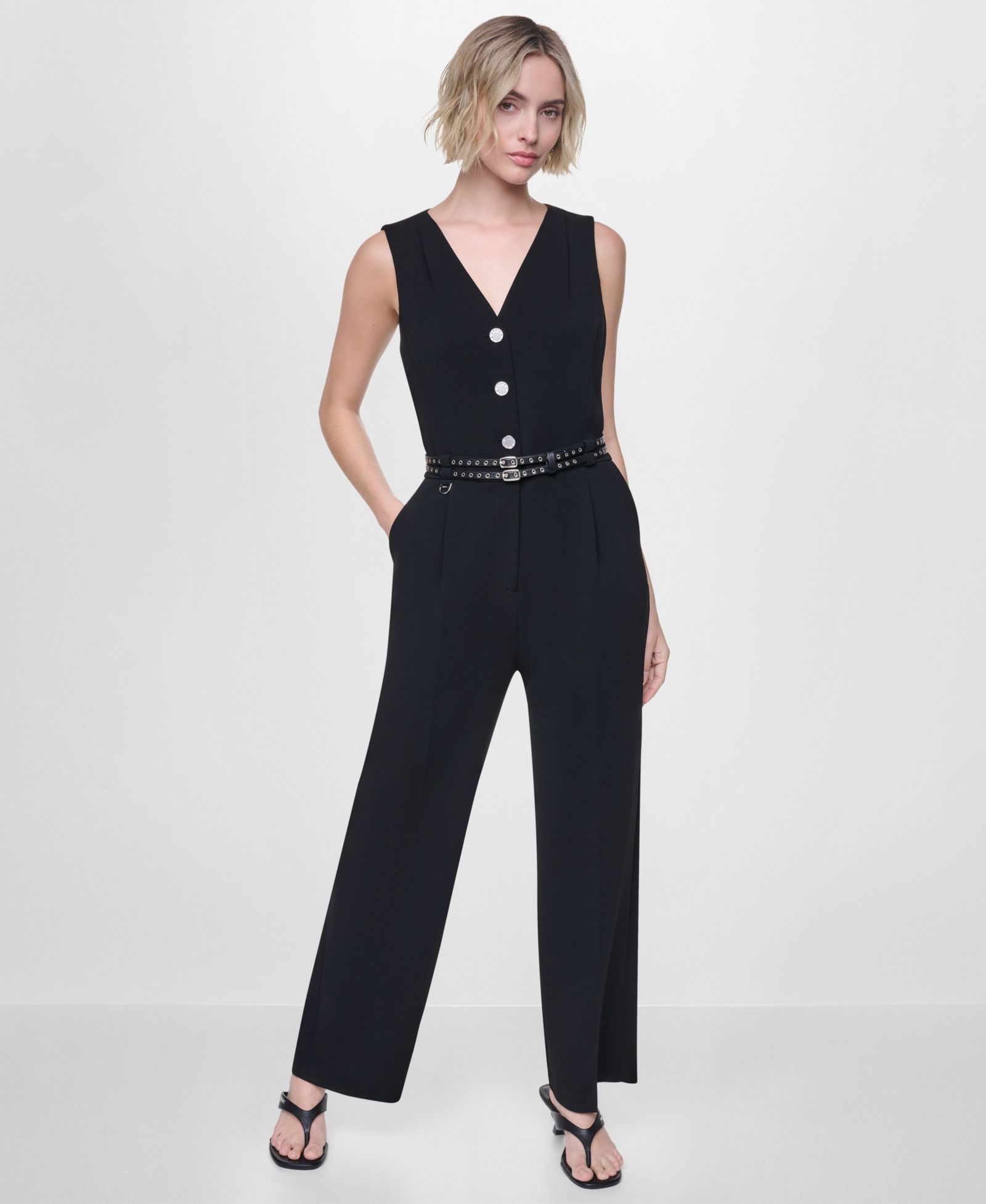 DKNY Women's Textured Belted Sleeveless Jumpsuit
