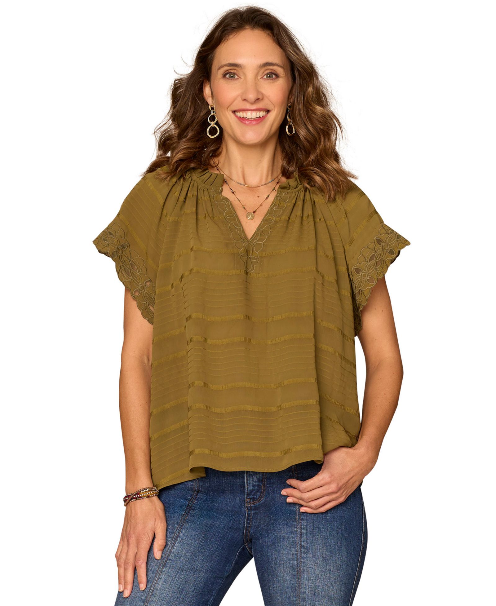 Democracy Petite Embroidered V-Neck Woven Top