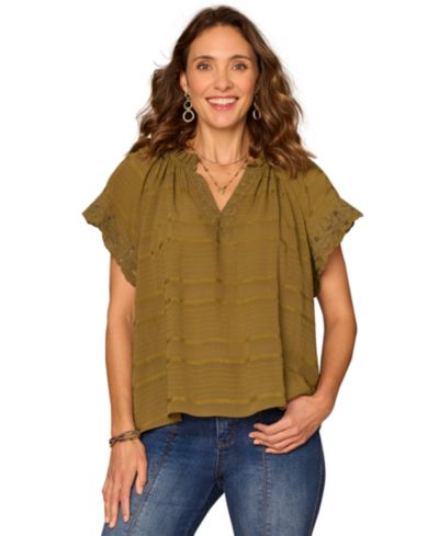 Democracy Petite Embroidered V-Neck Woven Top
