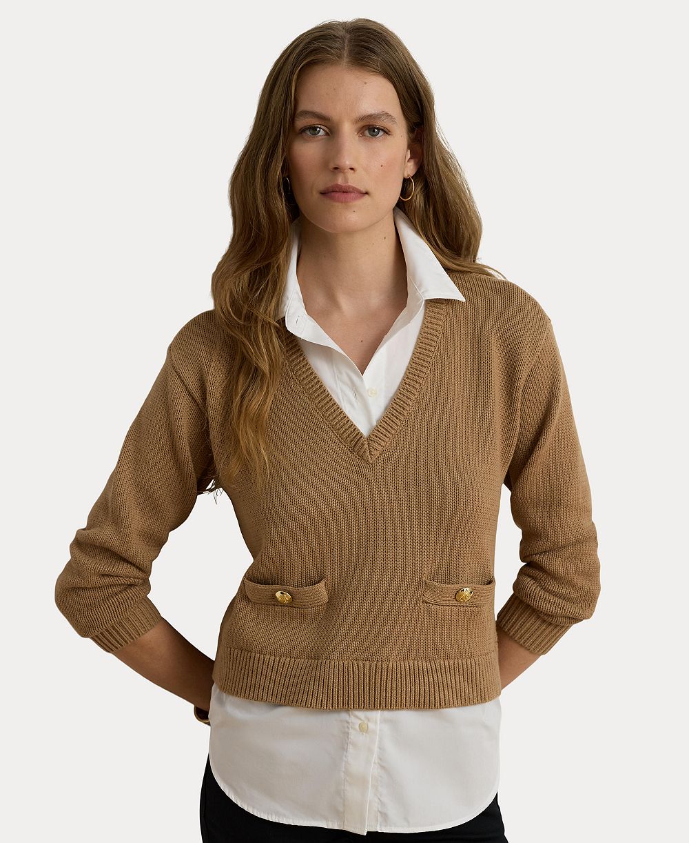 Женский хлопковый свитер Lauren Ralph Lauren с V-образным вырезом и длинным рукавом свободного кроя